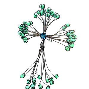 Wire Wrapped Green Marble & Aqua Rhinestone Hanging Cross Sculpture